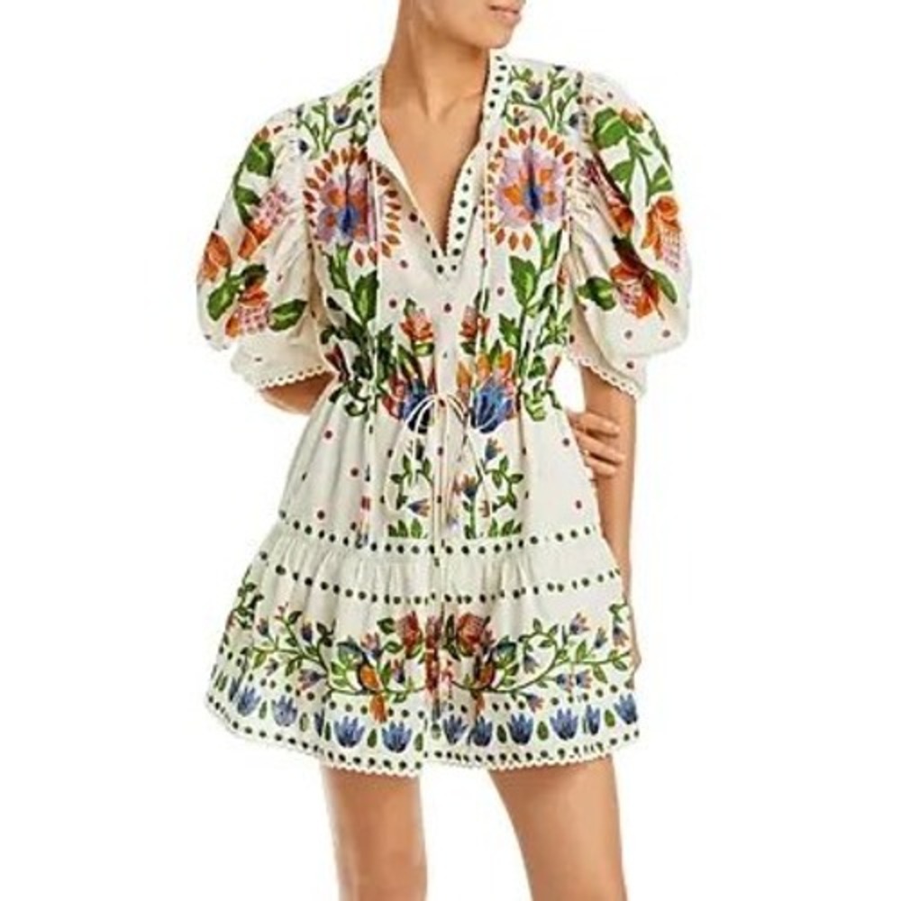 Farm Rio Toucans Garden Embroidered Mini Dress Off-White Floral Small Women